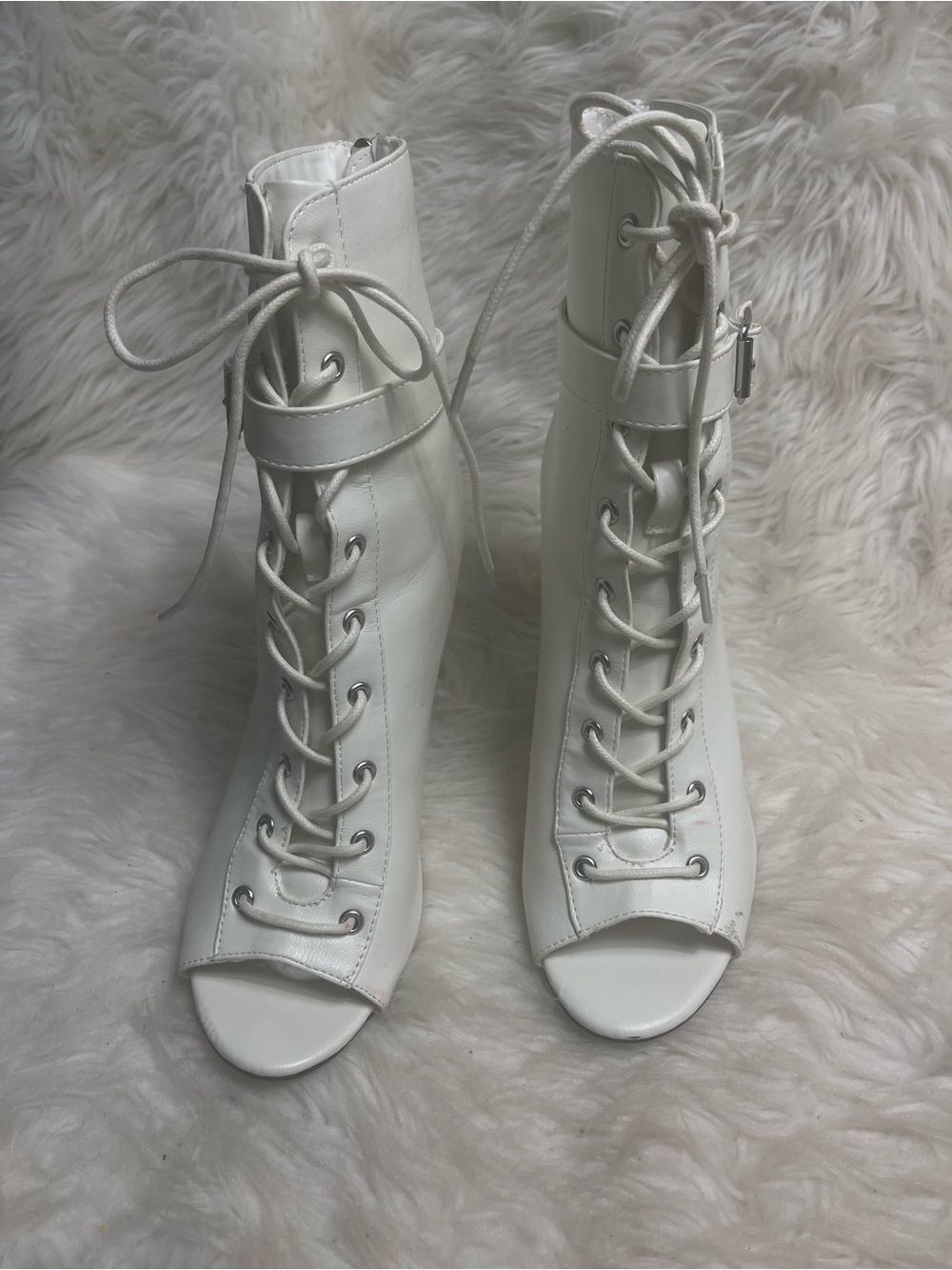 Anne Michelle White Lace-Up Peep-Toe Ankle Boots Buckle accent back zipper SZ11 - Picture 2 of 10